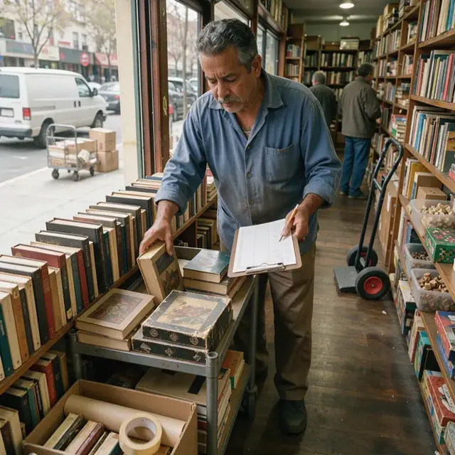 a worker organizing used books and board games on wooden store shelves while checking an inventory list