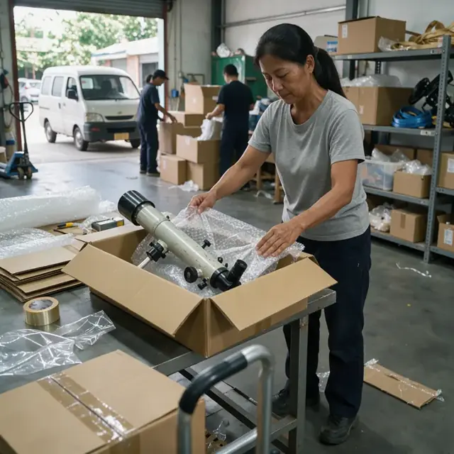 a worker wrapping a used telescope in bubble wrap inside a cardboard shipping box on a packing table