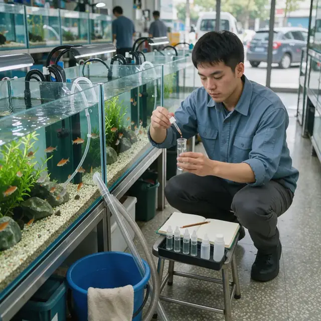 an employee testing water in a row of glass aquariums using a dropper kit and notepad beside a gravel vacuum hose