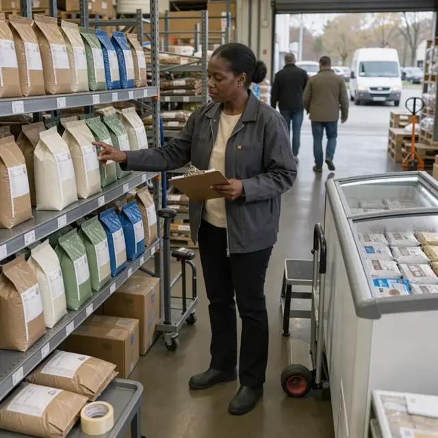a store employee counting bags of pet food on metal shelving while holding a clipboard next to an open freezer case