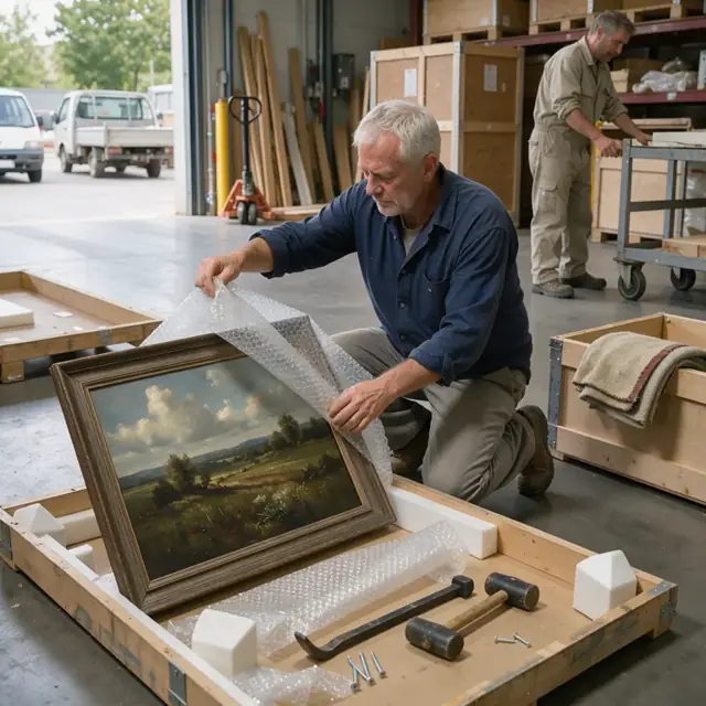 a person carefully uncrating a large framed painting in a back room with bubble wrap and wooden crates on the floor