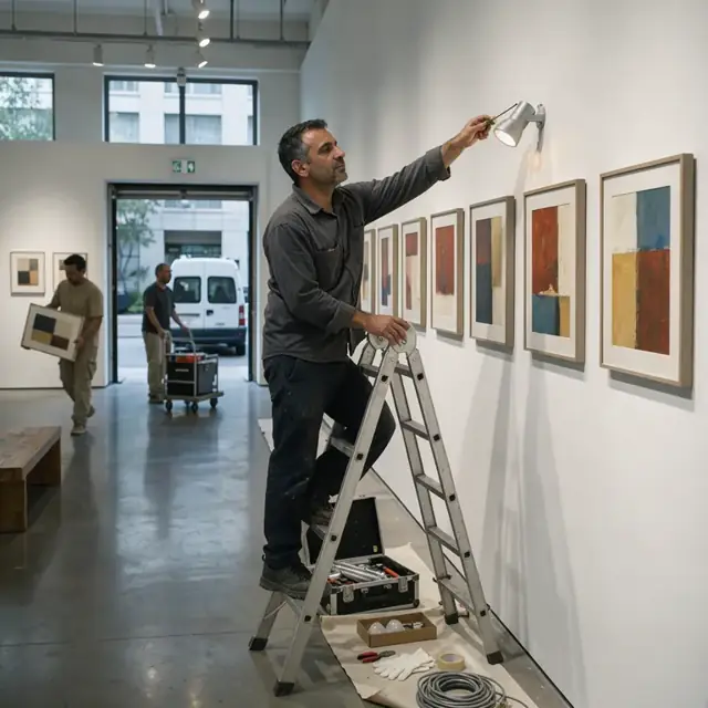 a person on a ladder adjusting track lighting to illuminate a series of artworks on a white gallery wall