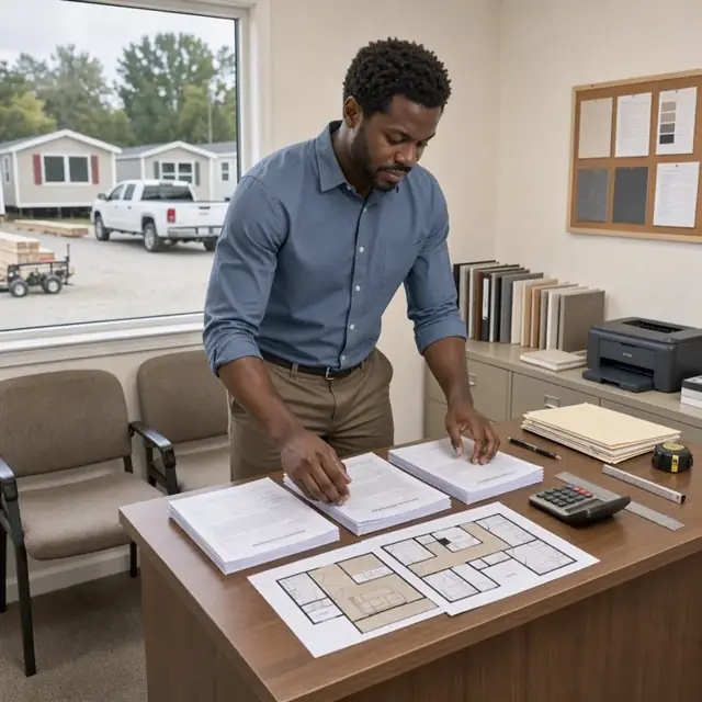 a worker arranging purchase agreements, floor plans and financing forms on a desk inside a manufactured home sales office