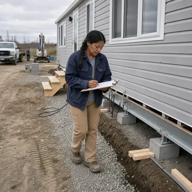 a worker walking the perimeter of a newly placed manufactured home with a clipboard noting exterior details