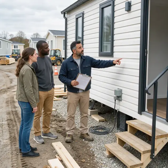 a worker standing at the entrance of a new manufactured home on a gravel sales lot holding a clipboard and pointing out exterior features