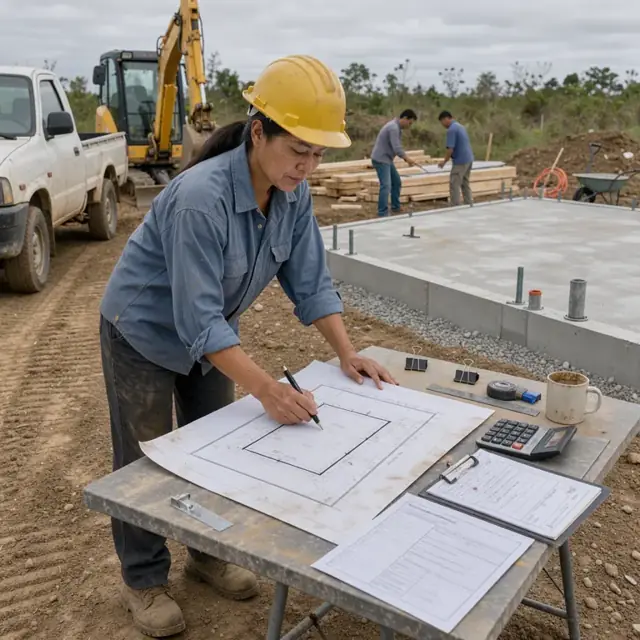 a worker reviewing site plans and permit applications spread across a table next to a manufactured home foundation pad