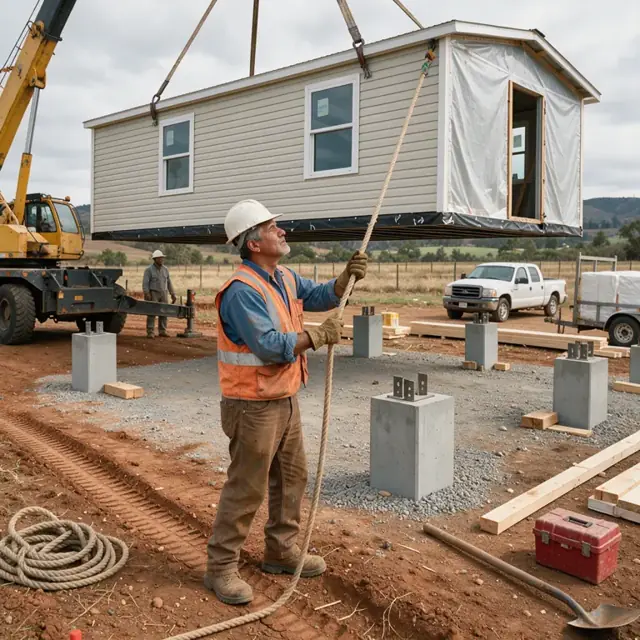 a worker standing beside a crane positioning a manufactured home section onto concrete piers at a rural installation site