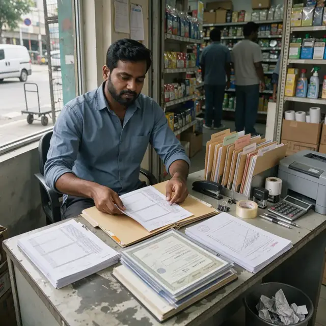 a store employee at a desk organizing stacks of supplier invoices, license certificates and printed sales reports into labeled folders