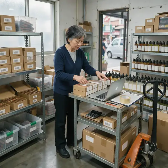 a store employee in the back room counting boxes of cigars and bottles of e-liquid on metal shelving while referencing an open laptop