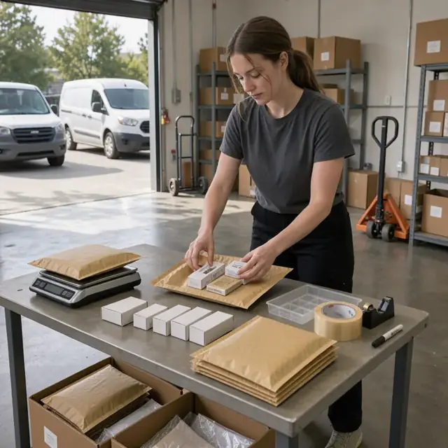 a retail worker packaging small boxes of vape coils and rolling papers into padded mailers on a packing table with a scale