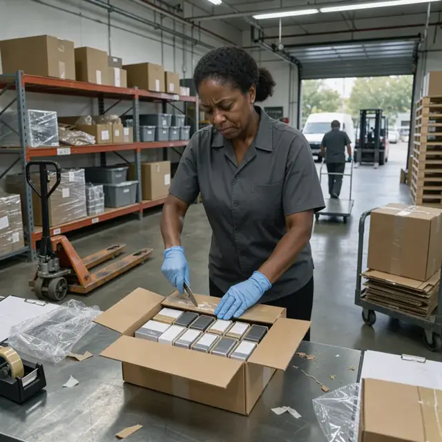 a store employee in the stockroom opening a cardboard shipping box filled with cartons of cigarettes and vaporizers under fluorescent lighting
