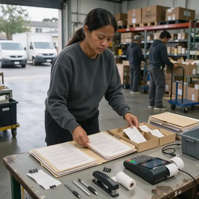 a worker organizing folders of vendor agreements and sales receipts on a desk next to a point-of-sale terminal