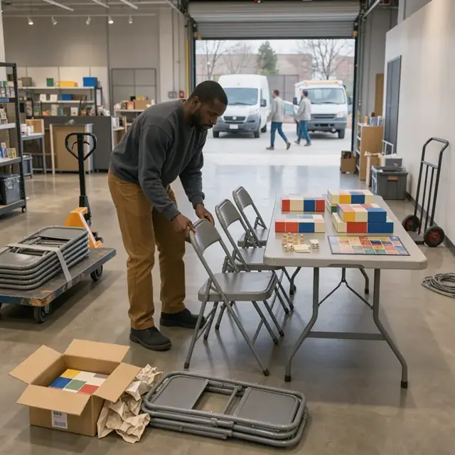 a worker setting out folding chairs and board-game boxes in an open retail space with a demonstration table