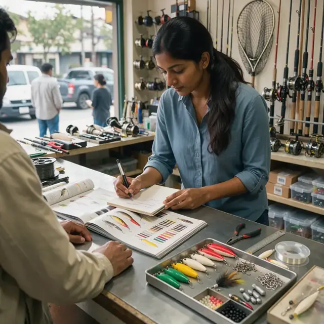 a retail counter with open catalogs and a notepad where a worker writes down a customer's request for custom fishing lures next to a display of loose tackle