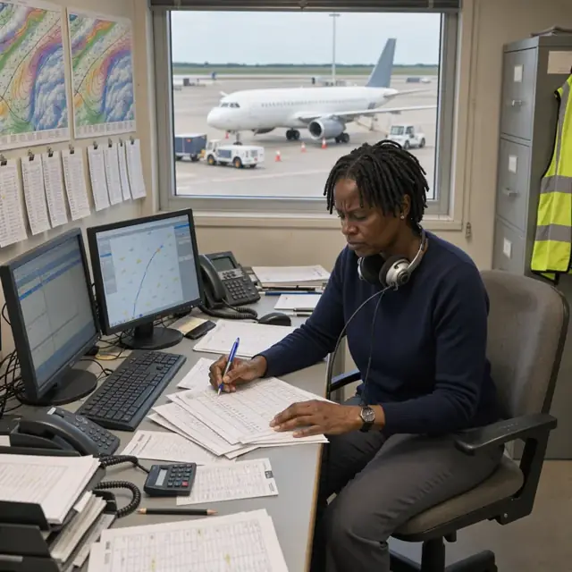 a dispatcher at a console surrounded by weather charts and flight-plan strips preparing paperwork for an outbound aircraft