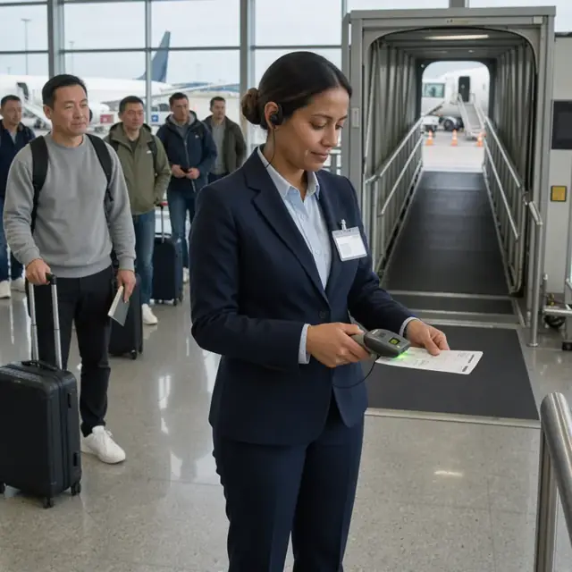 a ground agent scanning boarding passes at an airport gate while passengers line up beside a jetway leading to an aircraft
