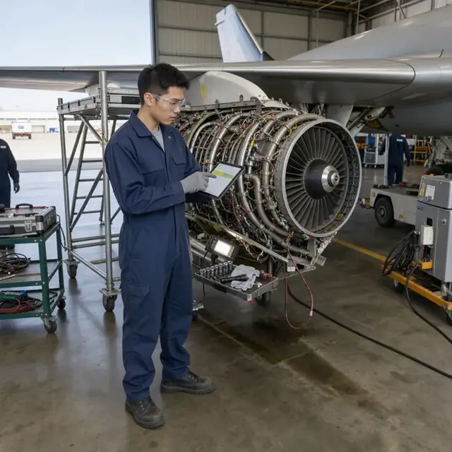a mechanic in a hangar using a tablet to record inspection findings on a jet engine while scaffolding surrounds the wing