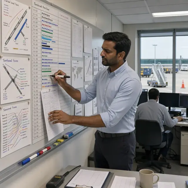 a planner marking flight times on a large wallboard covered with airport diagrams and seasonal route maps
