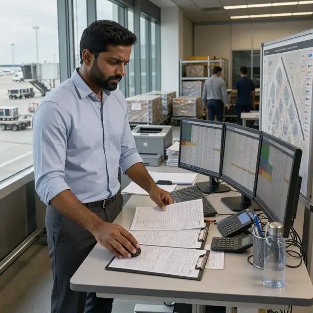 a logistics coordinator at a standing desk reviewing cargo booking forms on multiple screens beside a large airport operations map