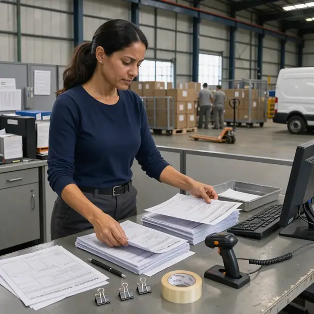 a clerk organizing stacks of printed customs forms and airway bills on a table beside a barcode scanner in an air cargo warehouse office