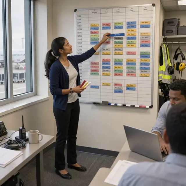 a scheduler updating a large magnetic planning board showing aircraft tail numbers, crew names and flight routes in a crew room