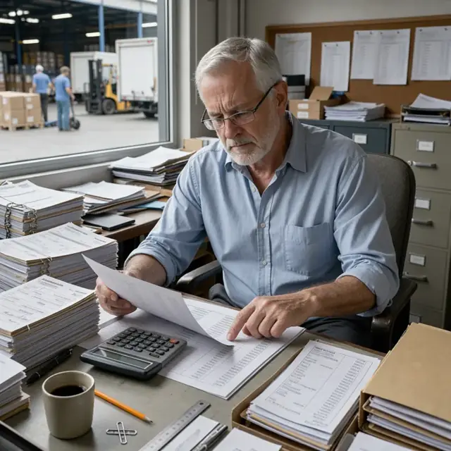 an accountant reviewing line-item freight charges on a spreadsheet printout at a desk with a calculator and stacks of air waybills