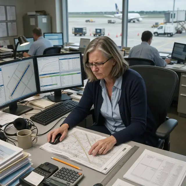 a planner at a large desk reviewing airport charts and aircraft performance data on dual monitors