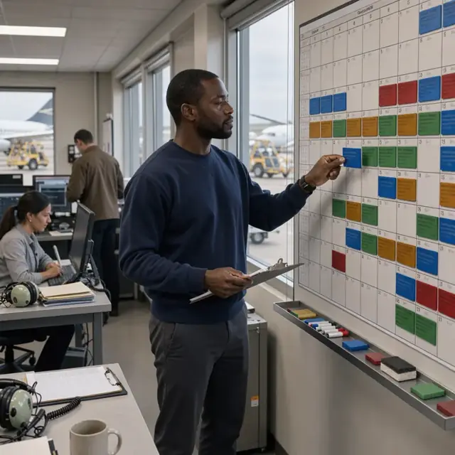 a scheduler marking aircraft availability on a large wall calendar in an operations center