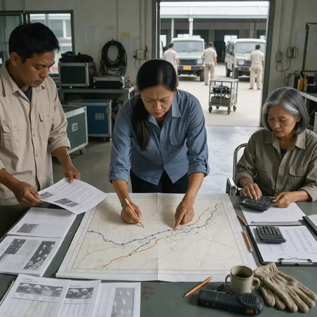 a planner reviewing a large navigation chart at a desk covered with printed weather reports and fuel calculation sheets