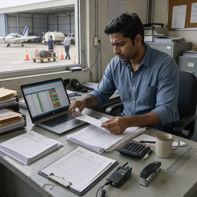 a coordinator at a desk matching printed invoices and fuel receipts to a digital flight log