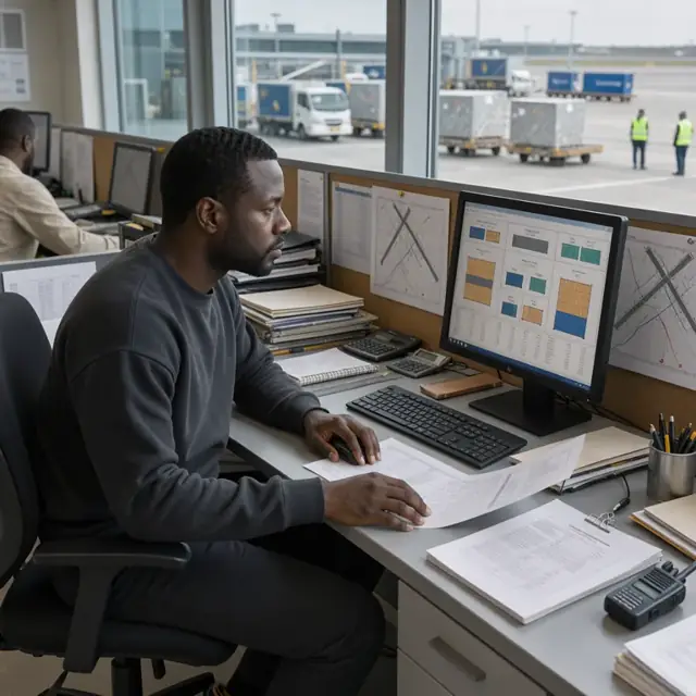 a logistics coordinator at a desk reviewing cargo specifications on a computer monitor beside charts of airport runways