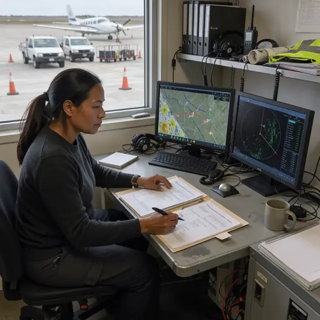 a dispatcher at a console preparing a folder of weather reports and permits while viewing aircraft tracking displays