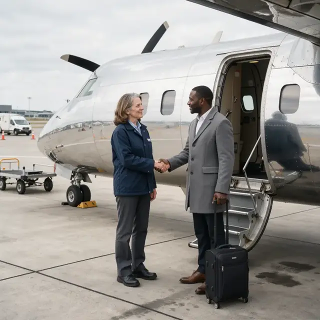 a worker standing beside a polished turboprop aircraft on the ramp shaking hands with a business traveler next to an open cabin door