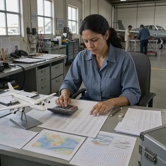 a worker at a desk surrounded by printed charts and weather printouts calculating numbers on a large spreadsheet next to a scale model aircraft