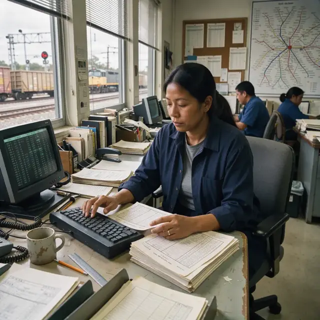 a railroad clerk at a desk reviewing printed car orders and typing into a terminal beside a large system map