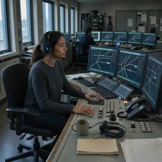 a train dispatcher seated at a large console with multiple screens showing track diagrams and train positions in a darkened operations room