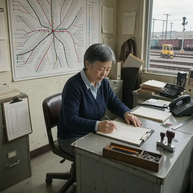 a railroad clerk at a desk with a large track map on the wall marking customer sidings and noting car orders on a clipboard