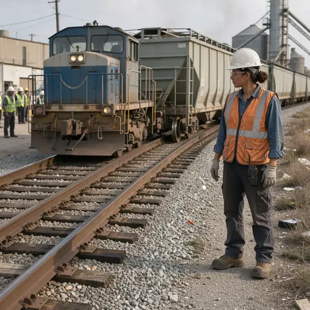 a railroad manager standing on a gravel roadbed beside a string of covered hoppers watching a locomotive couple to cars at a grain elevator