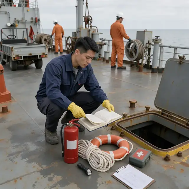 a marine superintendent inspecting a ship's safety equipment and logbooks on the main deck near an open hatch
