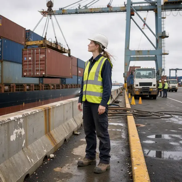 a port worker in high-visibility vest watching containers being lifted from a ship by a large gantry crane at dockside