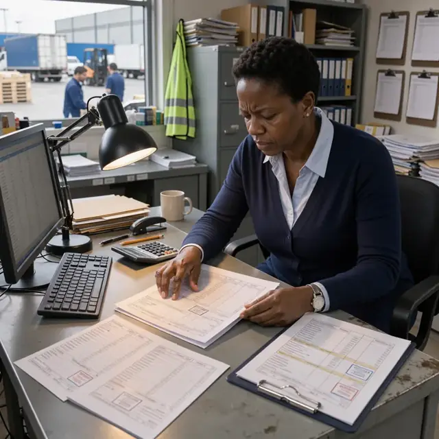 an accountant at a desk reviewing printed invoices and cargo manifests under a desk lamp in a shipping office