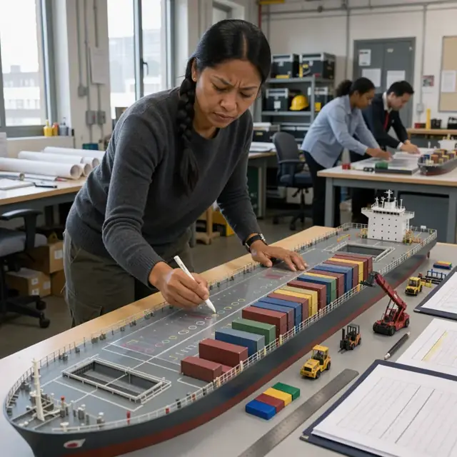 a planner marking cargo positions on a large scale model of a container ship deck in a planning office