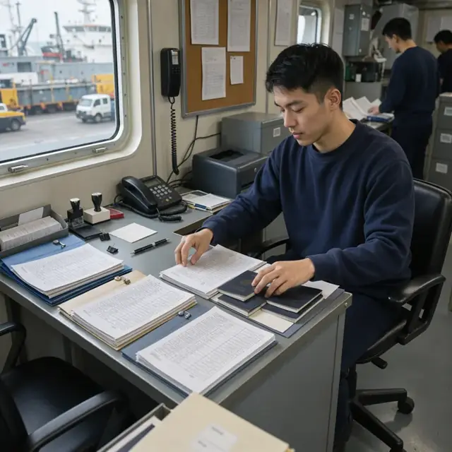 a crew member at a desk in the ship purser office organizing stacks of printed passenger manifests and passports in folders