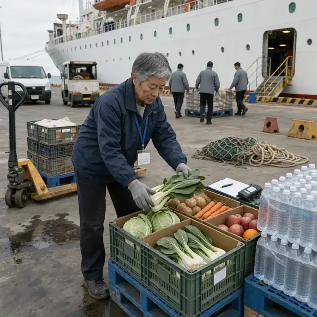 a crew member inspecting stacked provision crates of fresh produce and bottled water on a dock beside a large ocean liner