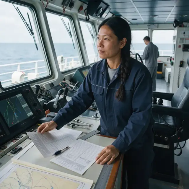 a crew member at a chart table on the navigation bridge reviewing printed booking forms while looking out at the open ocean