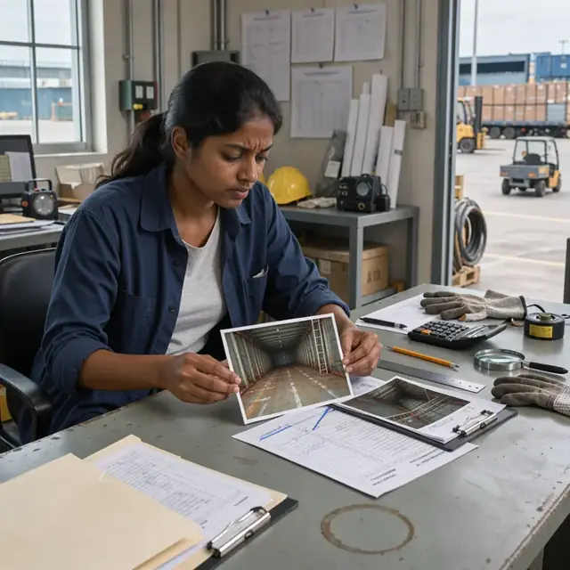 a worker at a desk examining cargo hold photographs and printed survey reports spread across a table