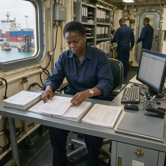 a worker at a shipboard desk organizing printed bills of lading and cargo manifests beside a computer