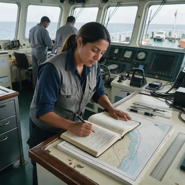 a worker updating a paper logbook at a navigation table inside a ship bridge with charts visible