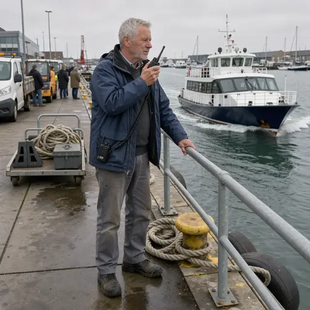 a worker on a dock using a marine radio while watching a passenger vessel approach the pier