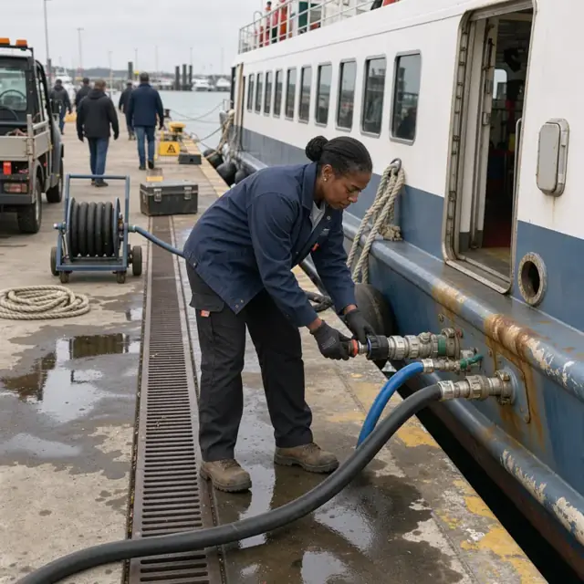 a worker checking fuel hoses and water lines on the dock beside a moored passenger ferry
